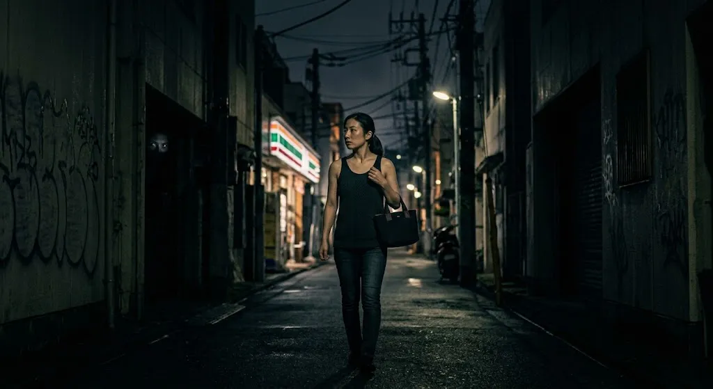 夜道を一人で歩く女性と、暗がりに潜む危険